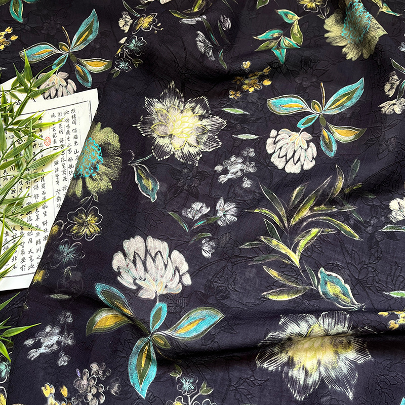 Dark night flower shadow new Chinese style Tencel jacquard fabric cheongsam Hanfu dress fabric handmade DIY fabric