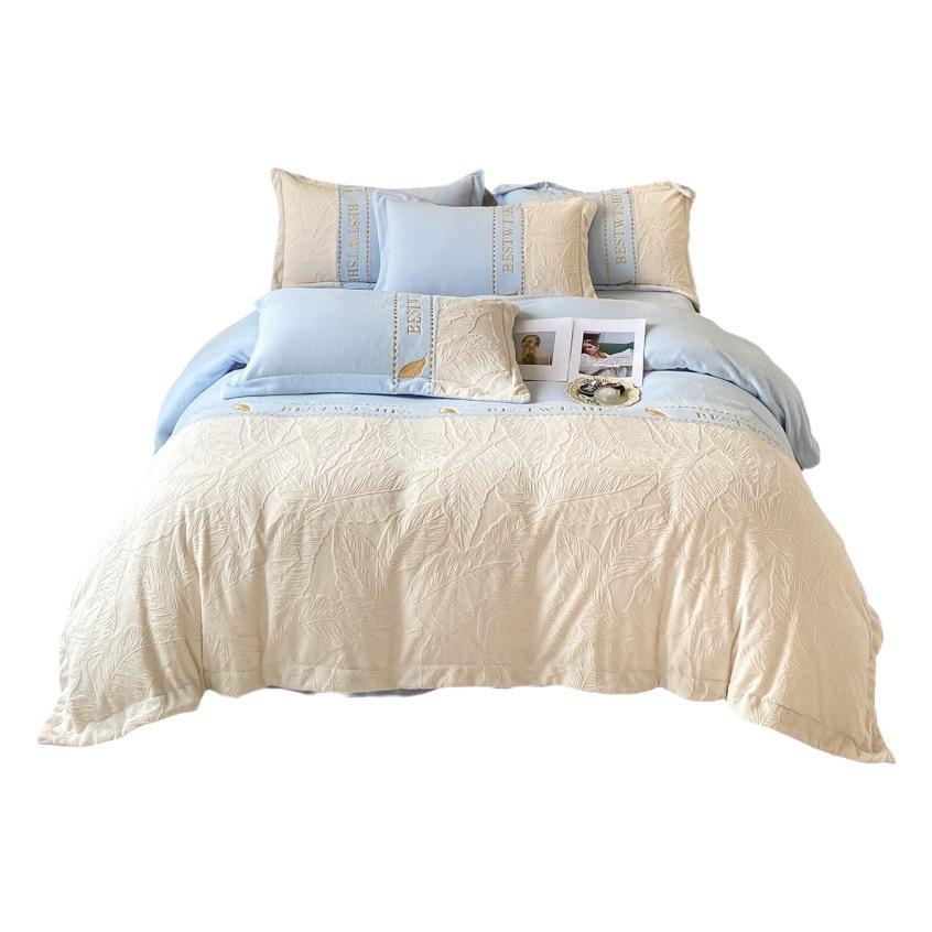 Color matching light luxury milk velvet four-piece set thickened warm carved velvet quilt cover advanced embroidered bed sheet three-piece set wholesale