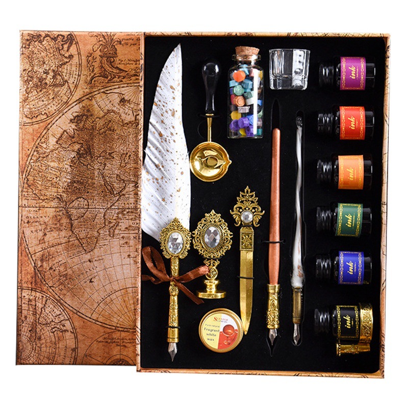 European-style retro gem feather pen pen glass dip pen with ink fire paint seal letter opener girl gift