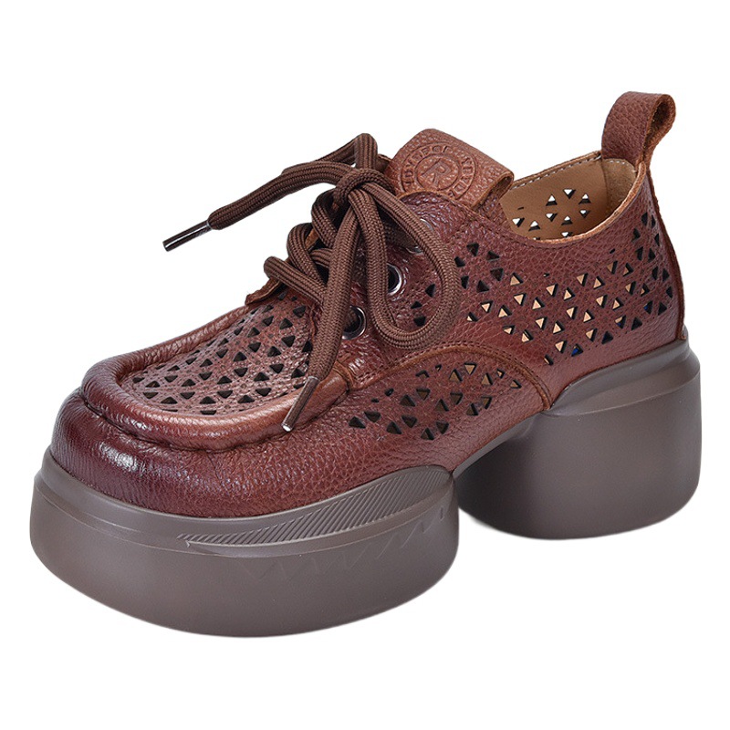 [Event Price 138] Genuine Leather Wedge Sandals Women's Roman Platform Shoes Thick Sole High Heels Hollow Crocs