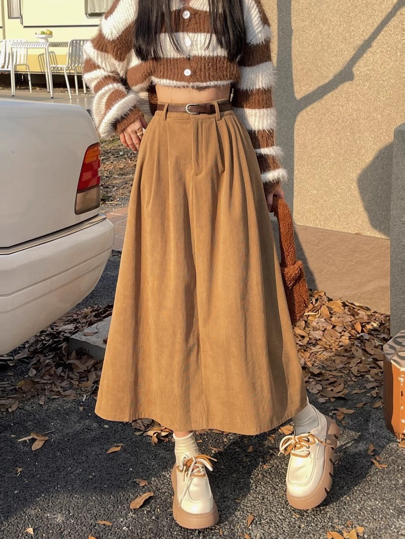 Vintage Corduroy Skirt Women's Spring and Autumn New Korean-style High Waist A- line Skirt Mid-length Large Swing Elegant Umbrella Skirt