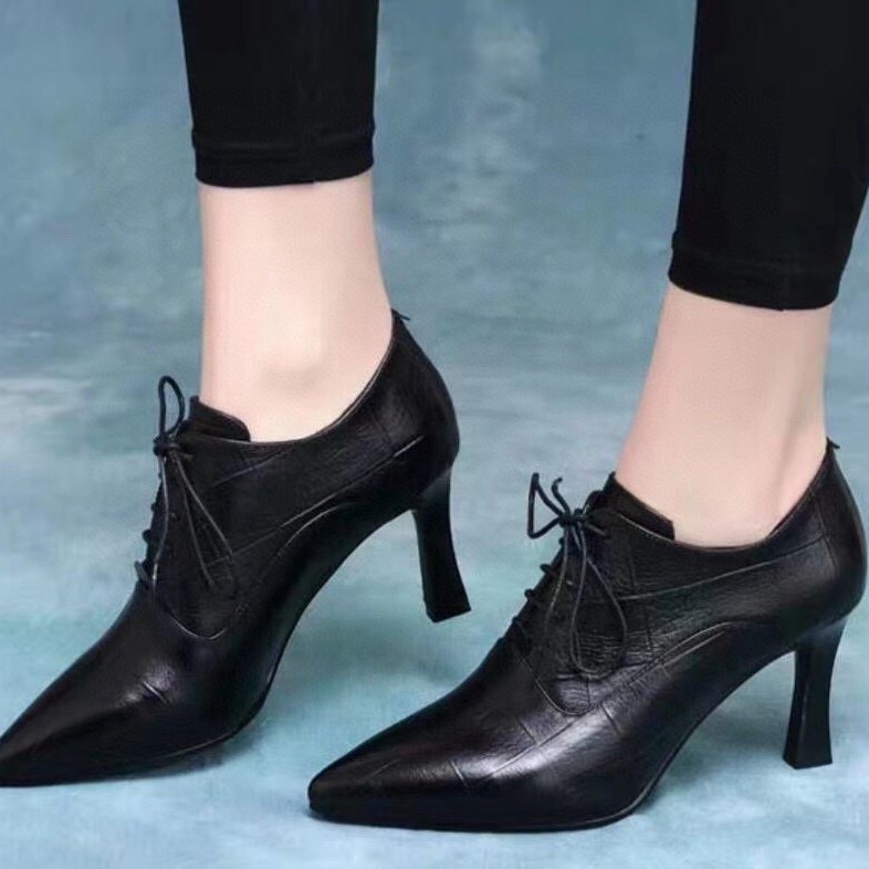 Picture of Women's Shoes 2024 Spring New Deep Mouth Single Shoes Embossed Plaid Leather Pointed Toe Fashion British Style High Heel Ankle Boots