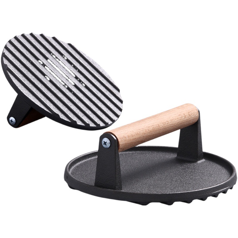 Cast Iron Round Meat Press Burger Meat Press Uncoated Thickeneded Stripesd Teppanyaki Tool Wooden Handle Anti-Scalding Household