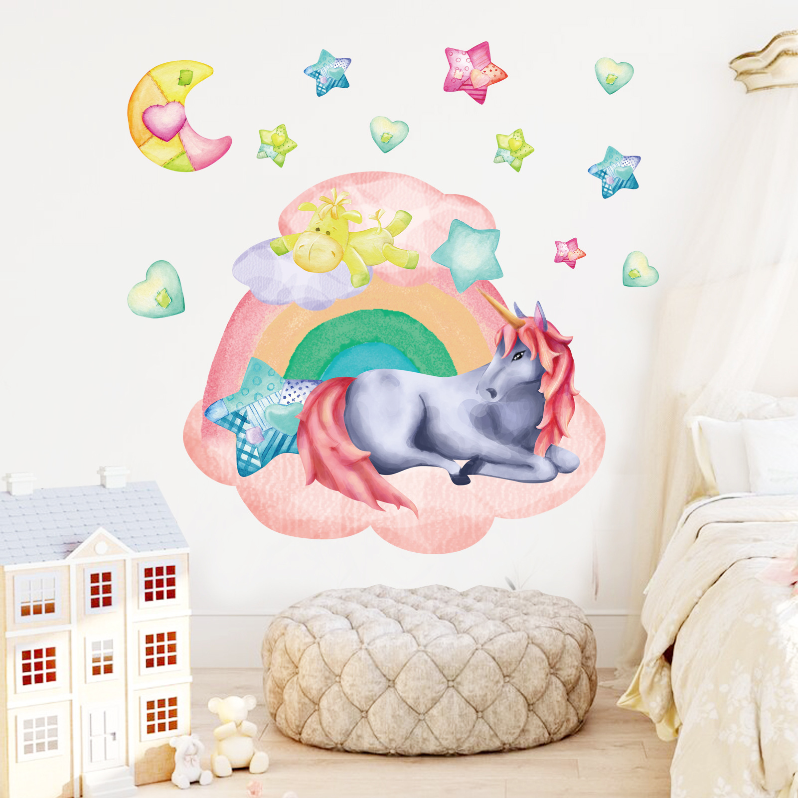 Ms-Ja001 Cartoon Rainbow Unicorn Cloud Moon Home Wall Decoration Wall Sticker Children's Room Decoration