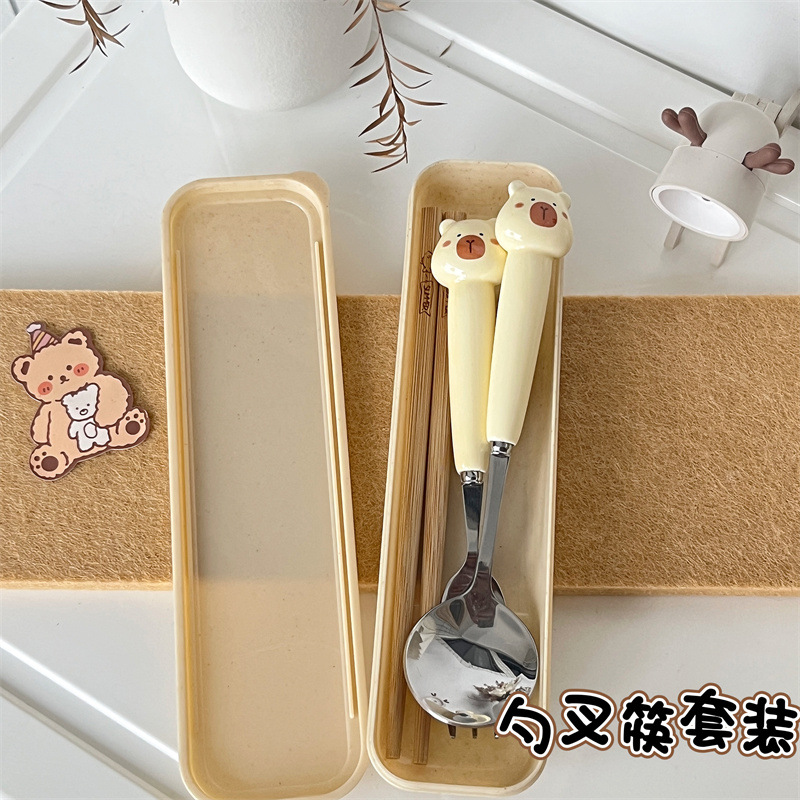 Picture of Ceramic Handle Cute Cartoon Skin Spoon Chopsticks suit Portable Tableware Cartoon Spoon Fork for Students