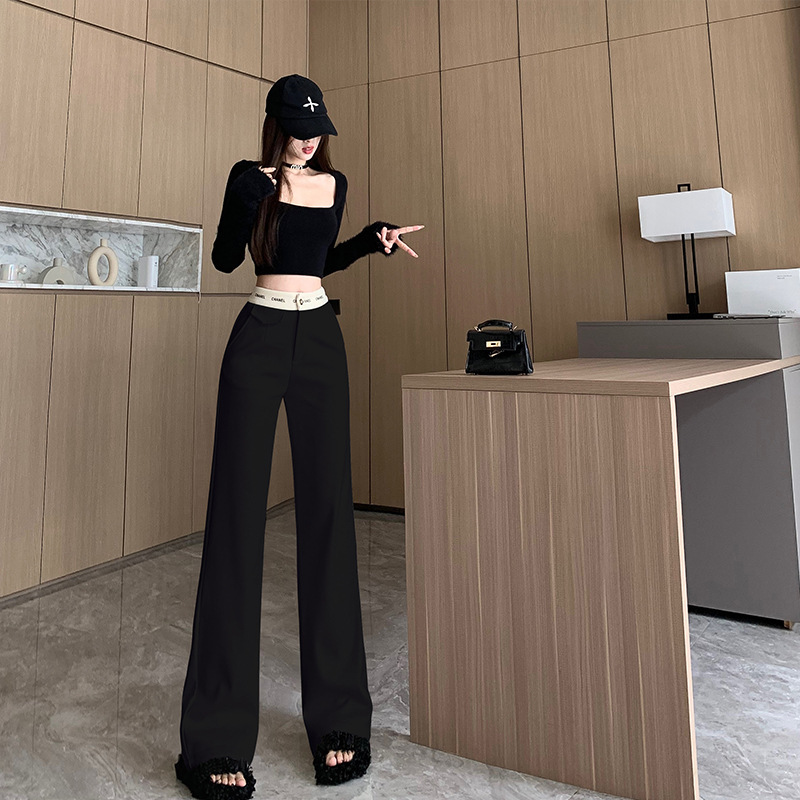 Real Shot Printed Letter Waist Color-block Wool Cashmere regular Straight Leg Pants High Waist Slim Look Casual Pants