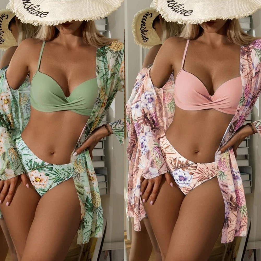 2022 New bikini European and American Cross-border Swimsuit Three-piece Mesh Shawl Blouse Split Printed bikini