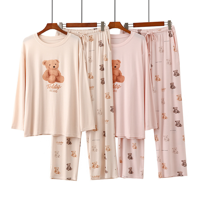Cartoon Teddy Bear Long-Sleeved Pants Pajamas for Women Spring and Autum Loose Round Neck Home Clothes Set 2024 Autum and Winter New