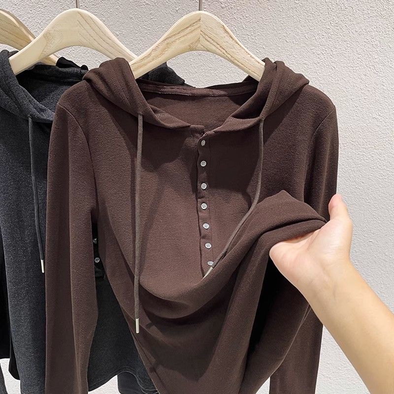 Self-heating Velvet Hoodie Long-sleeved fleece-lined Warm Base Shirt Autumn and Winter New Western Style Small Shirt All-match Top Trendy