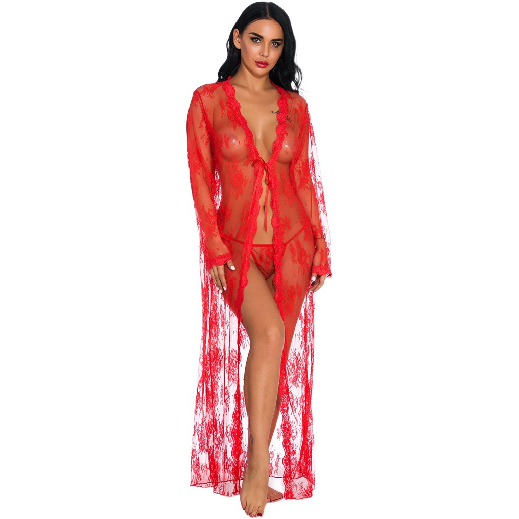 Sexy Lingerie European and American Women's Lace Floral Transparent Cardigan Nightgown Lace-Up Robe with Thong Pants Export Supply