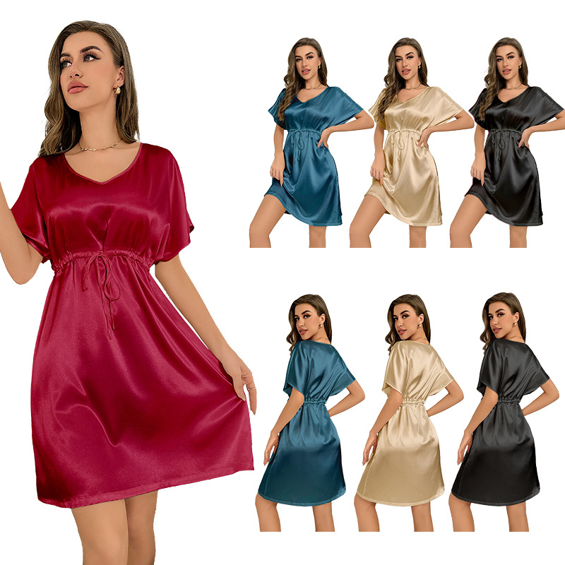 Yaoting Amazon New Ice Silk Pajamas Women's Summer Thin Waist Nightgown Long Women's Home Clothes Wholesale 3214