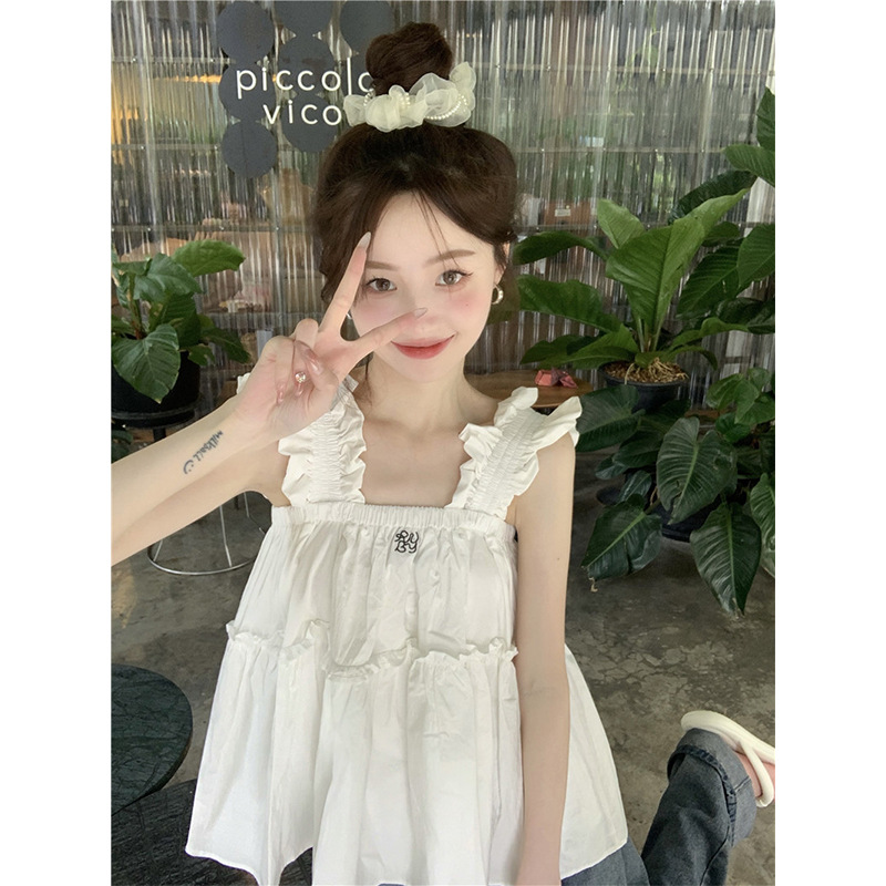 Wooden ear pleated white small sling summer new small fresh age-reducing design embroidered vest top for women fashion