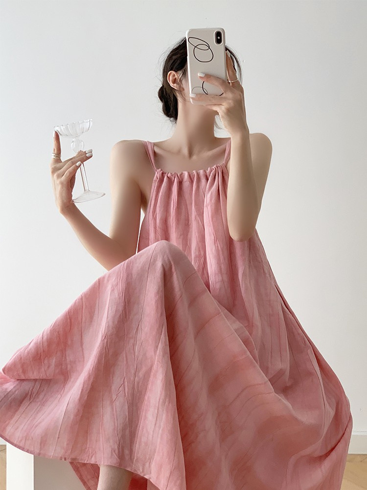 Dopamine Pink Halting Dress Women's Summer Slim Elegant Large Swing Dress Sleeveless Beach Long Dress Vacation Halter Dress