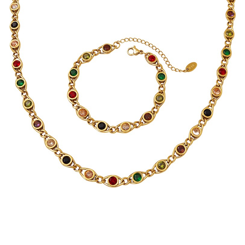 European and American fashion niche fish eye design colorful zircon stitching chain necklace bracelet copper jewelry set