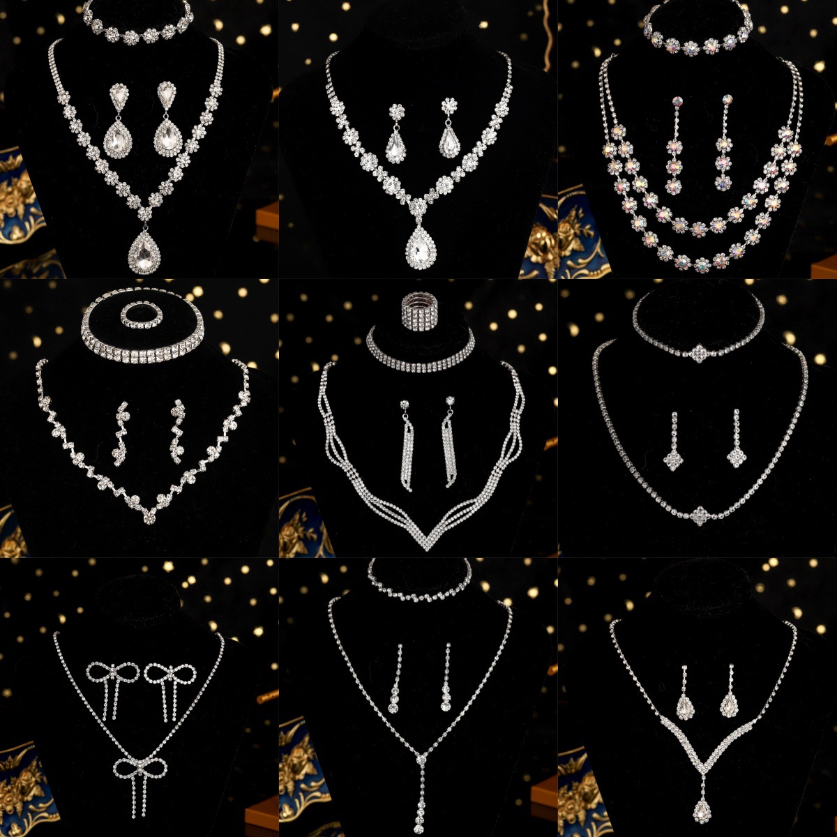 Foreign Trade New Women's Necklace Wedding Bridal Jewelry Set Claw Chain Diamond Earrings Ring Bracelet Set Wholesale