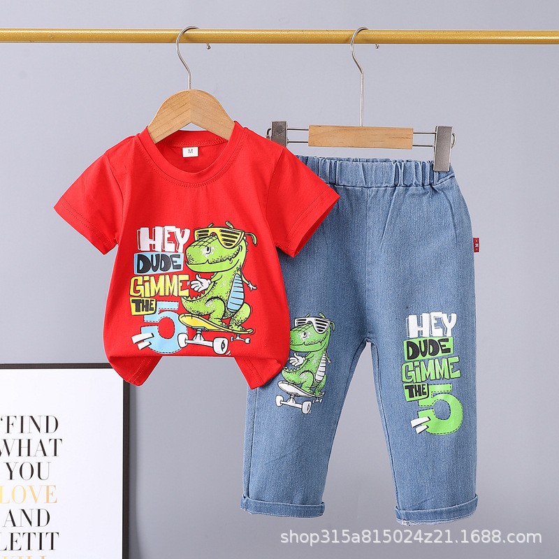 Picture of Summer 2024 new 0-5 years old children's suit cartoon car animal crew neck short sleeve jeans two piece cotton