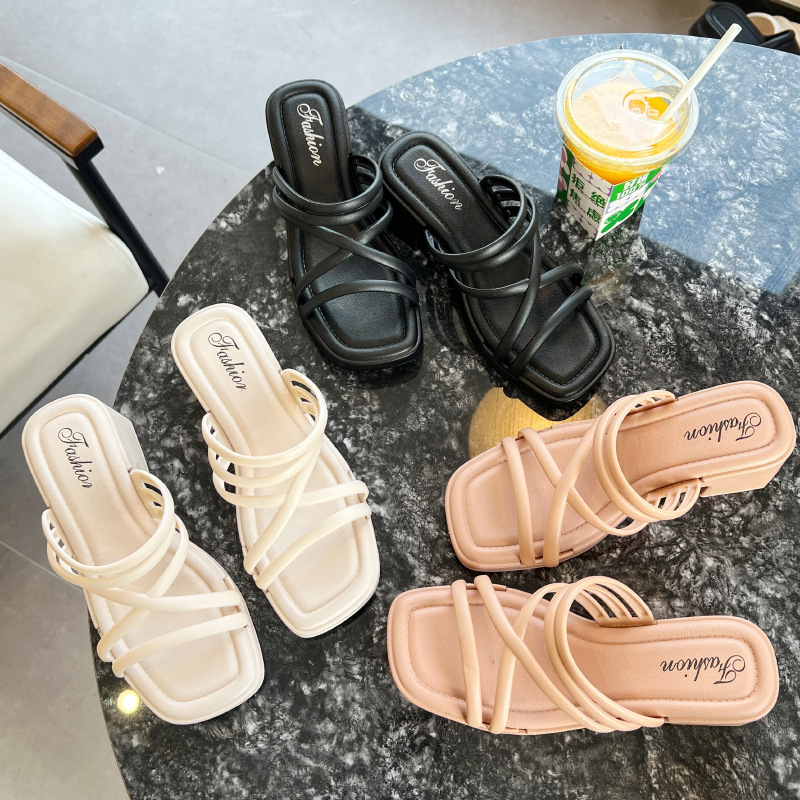 High-heeled Thick-soled Sandals and Slippers Women's Summer New Simple Solid Color Slides Non-slip Outer Wear Fashion All-match Foreign Trade