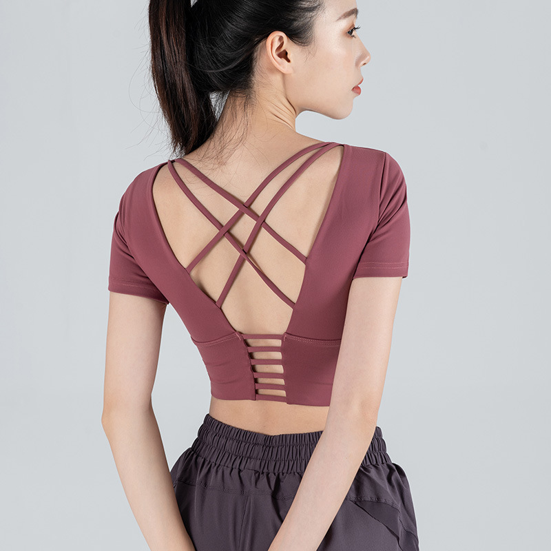 Yoga Clothing Women's Chest Pad Beauty Back Sports T-shirt Tight-fitting Navel-exposed Sexy Running Short-sleeved Internet Trendy Fitness Clothes Top