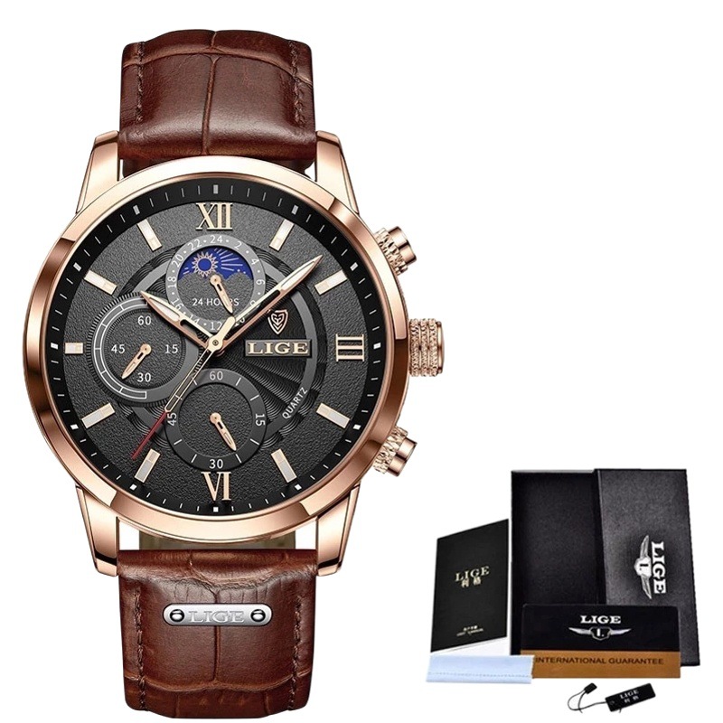 Lige 8932 New Multi-Function Chronograph Running Seconds Business Outdoor Belt Waterproof Quartz Watch Men's Watch