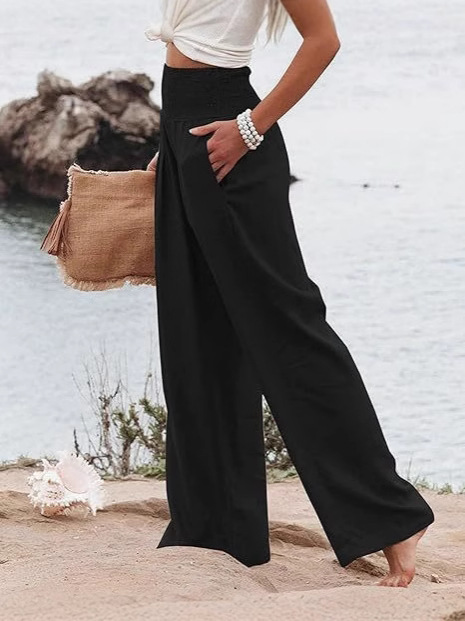 Picture of 2025 Amazon Women's Linen Pants High Waist Trousers Wide Leg Flowing Pants Beach Vacation Wear Casual Wear