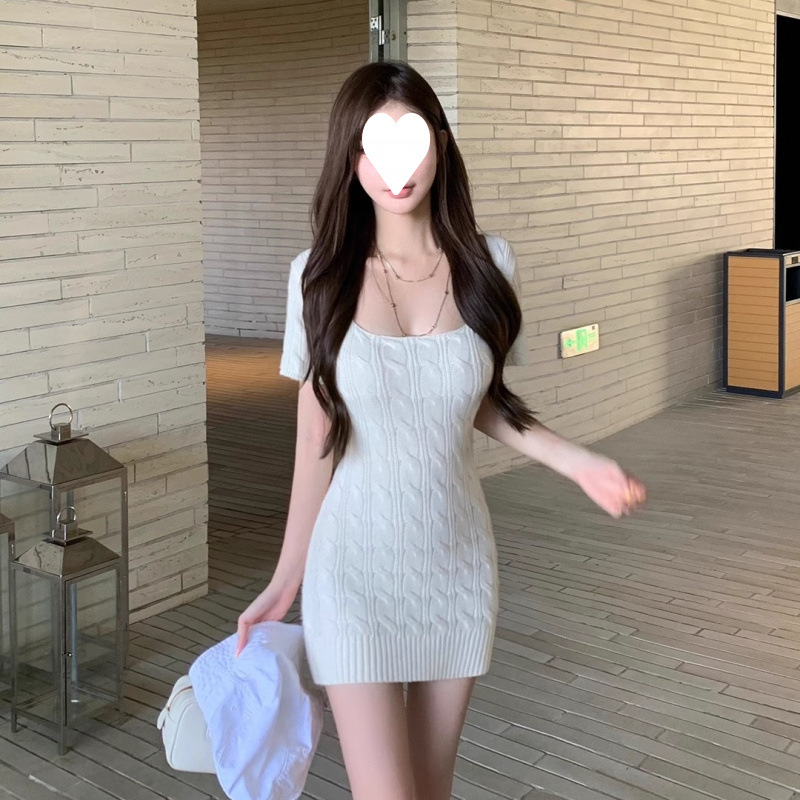 Pure Girl Short-Sleeved Knitted Dress Women's Summer Fashionable and Super Nice Square Collar Slimming Look Hip-Hugging Skirt