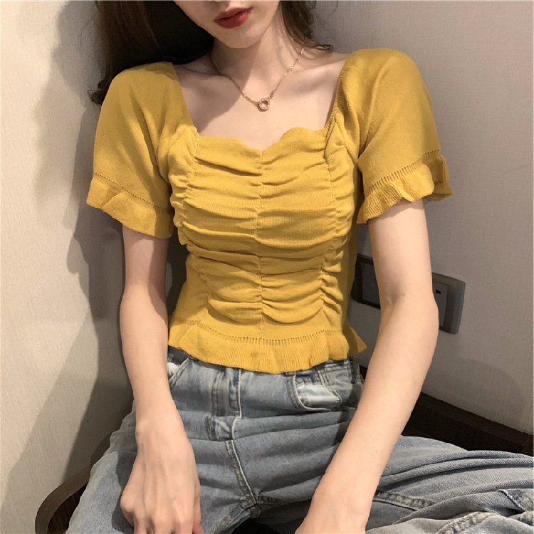 Picture of Summer 2020 New Arrival Retro French Style Short Top Shirt Shows Clavicle Caught Machine Slim-fit Slimming Short-sleeved Sweater for Women