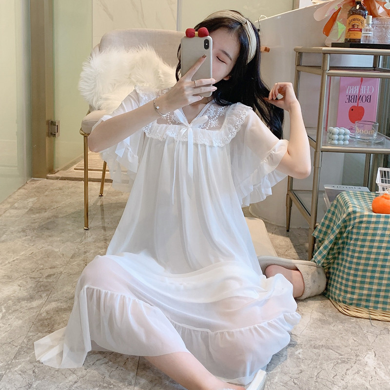 Summer Palace Nightdress Women's Short Sleeve Japanese and Korean Style Fashion Lace Midi Dress Princess Nightdress Sexy Nightdress Women