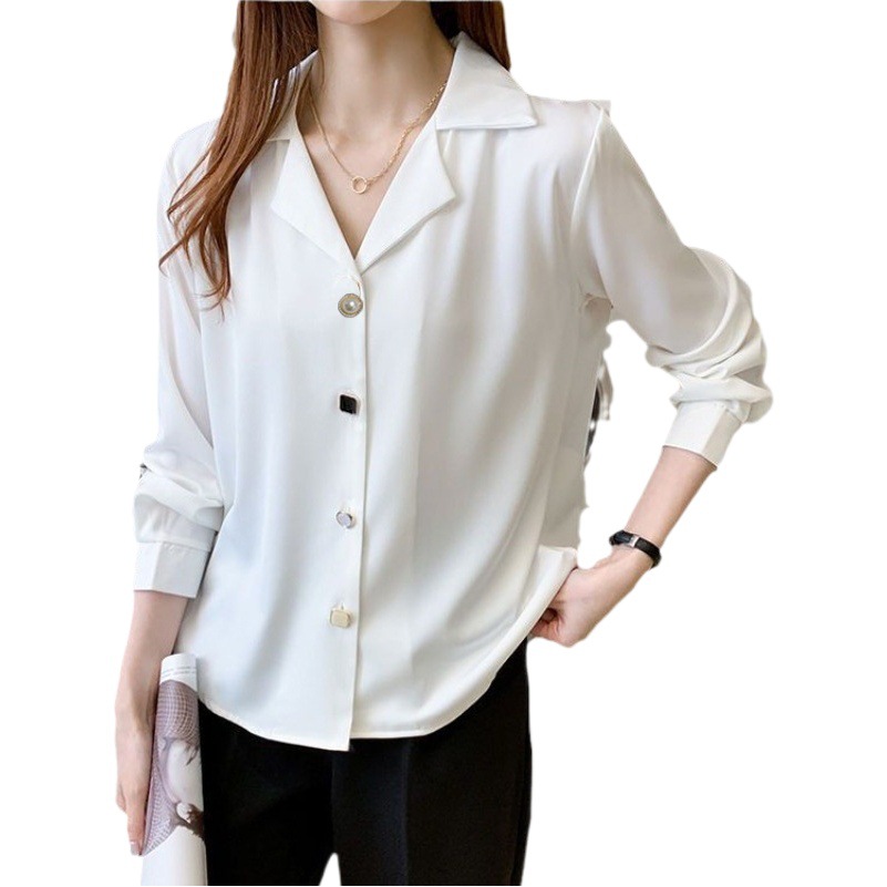 Spring and Autumn simple solid color casual long-sleeved shirt for women versatile loose slimming professional suit lapel bottoming shirt for women