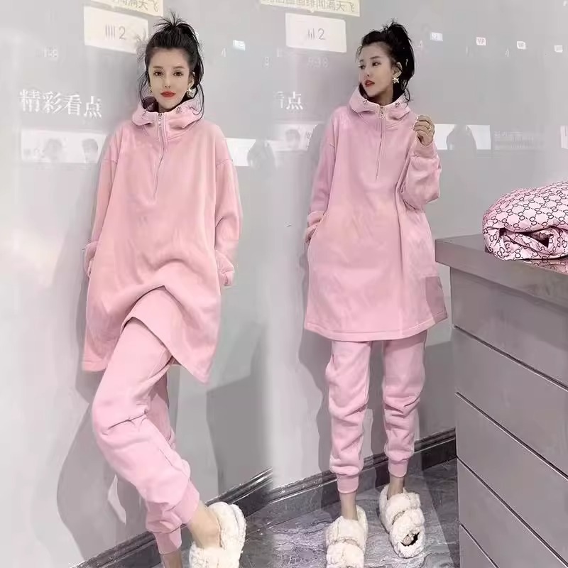 Super plus size 1.00 kg-150.00 kg chubby girl Winter New Mid-length Zipper Hooded Sweat Pants fleece-lined Two-piece Set for Women
