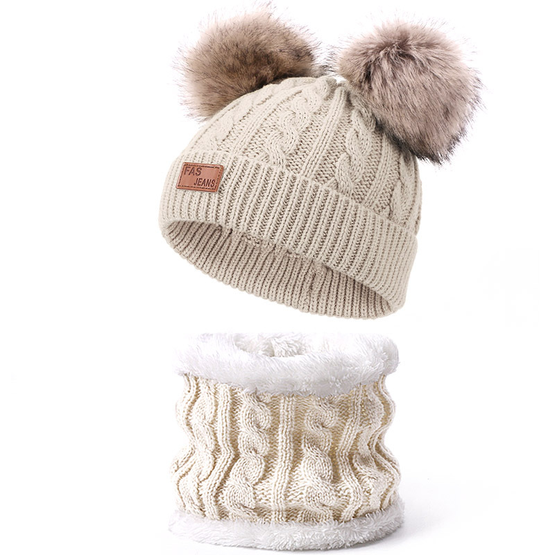 Picture of Winter Children's Neck Hat Two-Piece Pompom Baby Baby Knitted Hat Warm Wool Fleece-Lined Thickened Neck Set