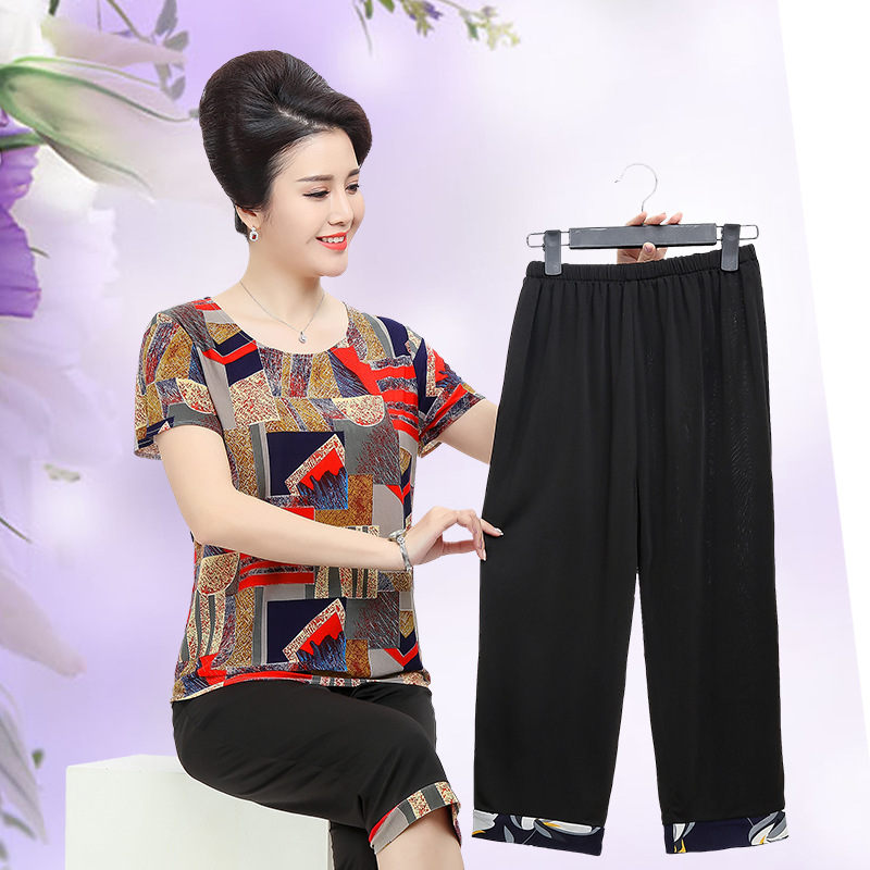 Picture of Loose plus size middle-aged and elderly women's suit top pants Ice Silk Cotton new summer mom two-piece short sleeve 7 pants manufacturer