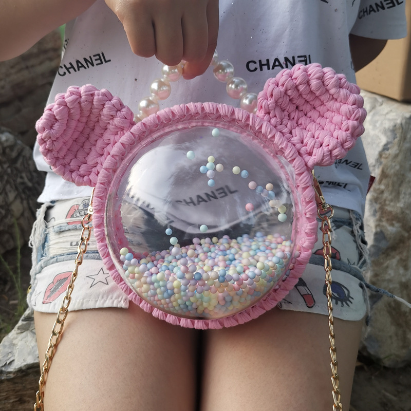 Picture of Handmade woven cloth line bear Mickey bag material bag transparent hemisphere acrylic Pearl handbag satchel