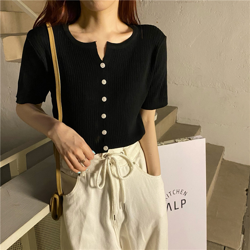 Picture of Summer 2025 New Knitwear Women's Korean Style Thin Bottoming Shirt Pure Color Slimming Look Versatile Single-Breasted Short-Sleeved Top