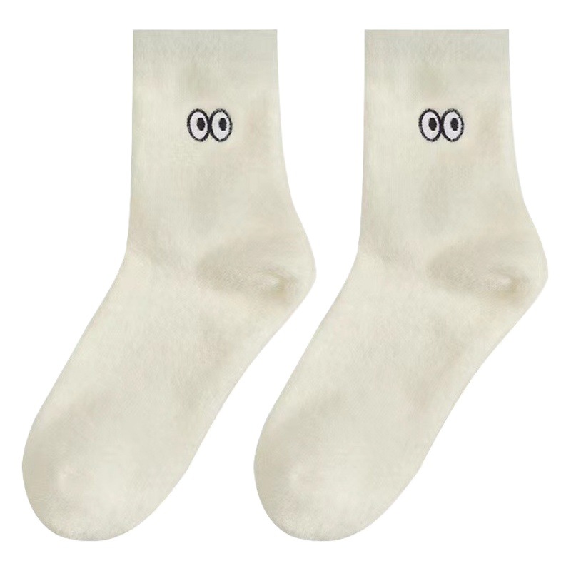 White socks women's autumn and winter stockings thickened plush cotton socks winter facial expression bag cute mid-calf length socks women's socks