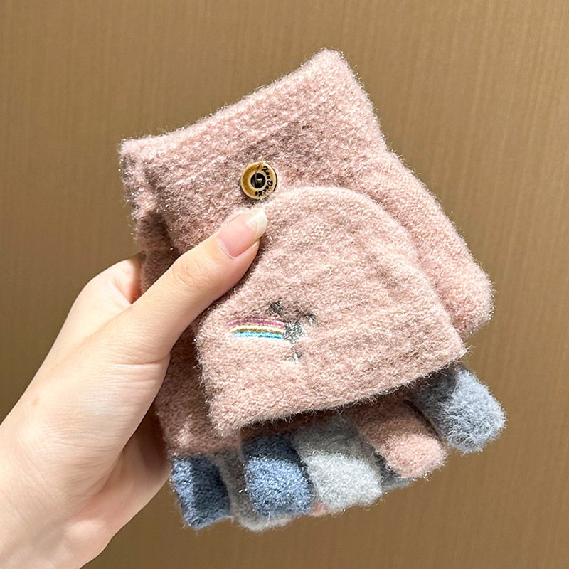 Autumn and Winter Flip Gloves Cute fleece-lined Ins Korean Style Cartoon Student Thick Cotton Warm Cold-proof Wool Half Finger