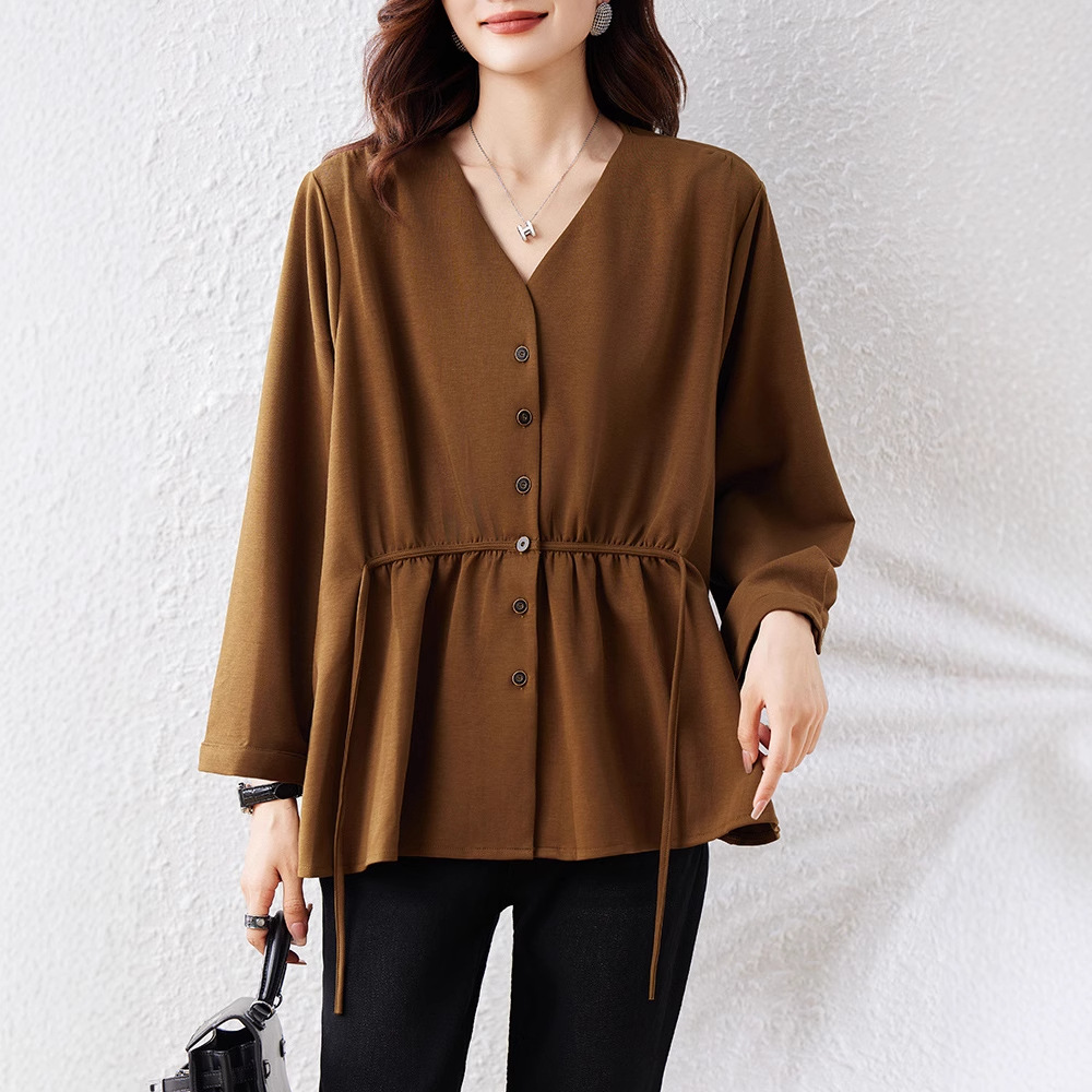 Picture of Real Shot of Ready-Made Elegant V Neck Sweatshirt for Women in Autum 2025 New Loose Large Size Pinch Pleat Waist Design Top