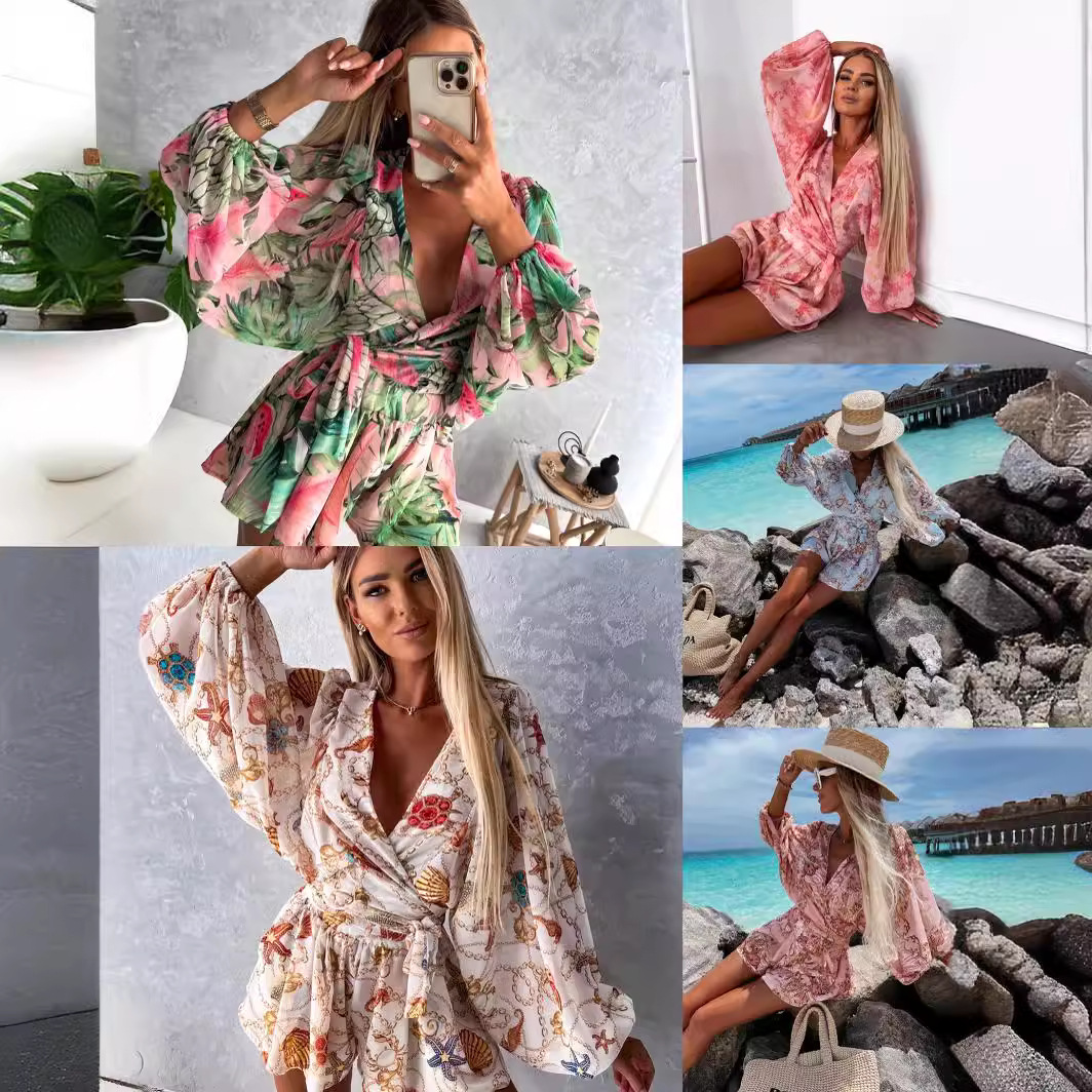 Amazon Cross-Border Supply Export Women's Clothing European and American European Station Spring and Summer Flower Long-Sleeved Shorts V Neck Jumpsuit