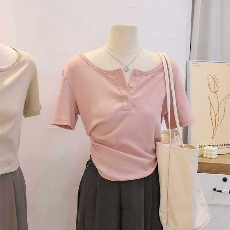 Pure Desire Style New Style Shoulder Design Sense Niche Short Arc Slimming Solid Color T-shirt Women's Round Neck Short Sleeve Top Trendy