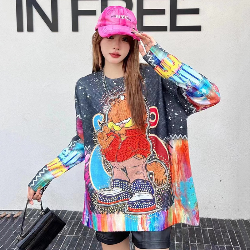 Trendy Brand Loose Heavy Industry Cartoon Long-sleeved Sweater Women's Spring and Autumn New Fashion Casual All-match Knitted Mink Velvet Top