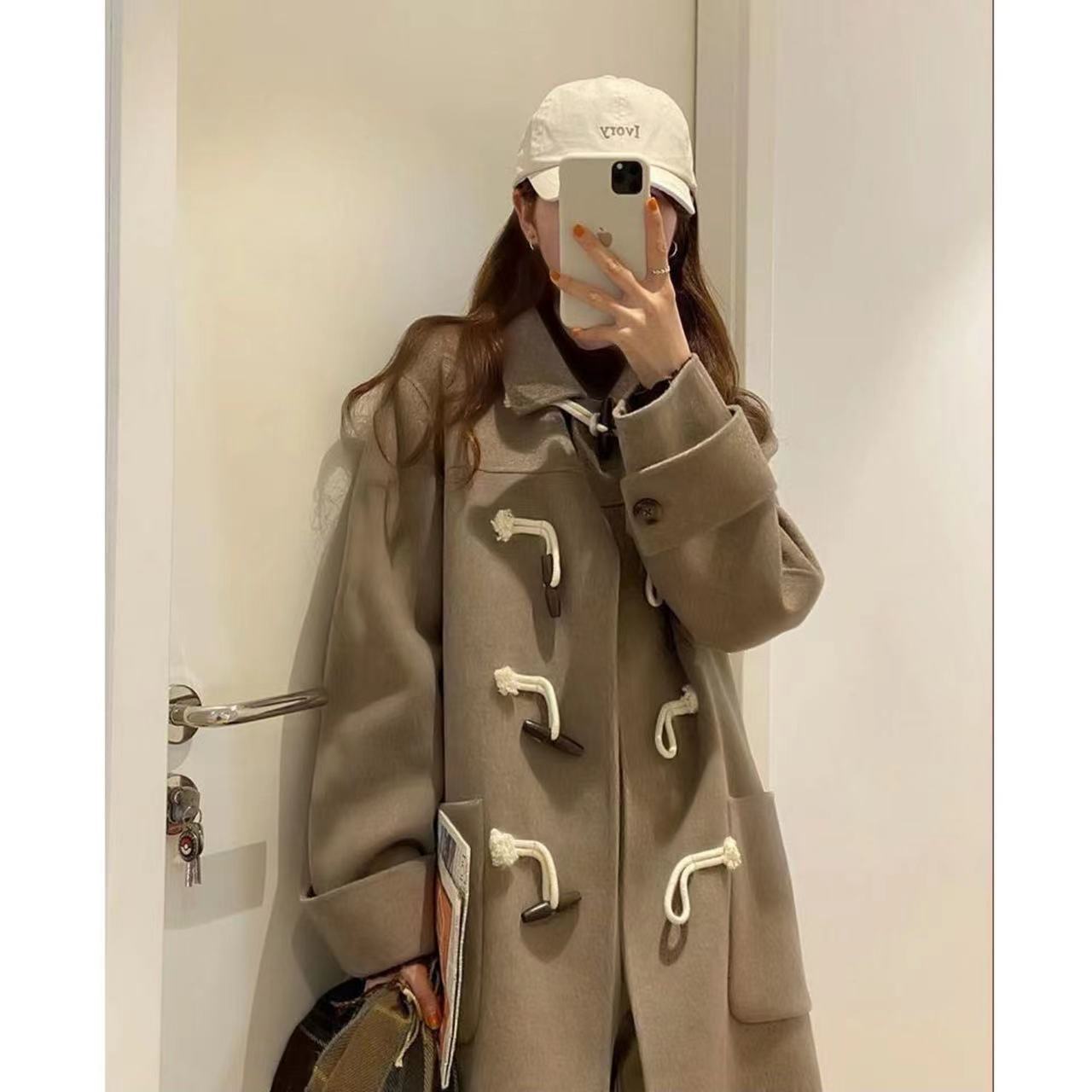 Camel Coat High Sense Woolen Coat Korean Style Loose Slimming Mid-length Duffle Button Woolen Coat for Petite