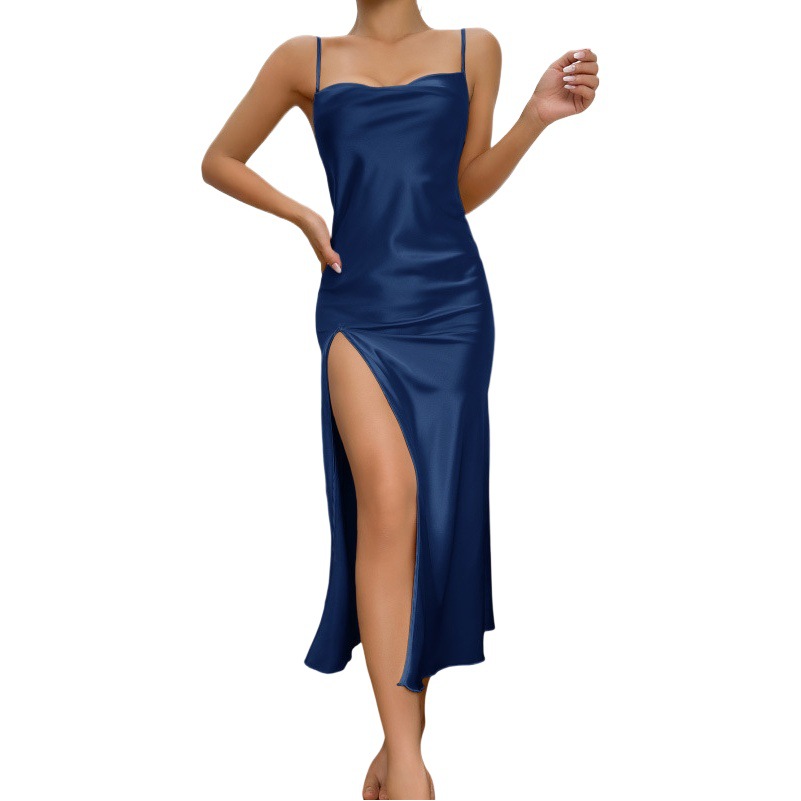 European and American style new solid color suspender skirt sexy pajamas long skirt thin casual breathable ice silk nightgown wholesale