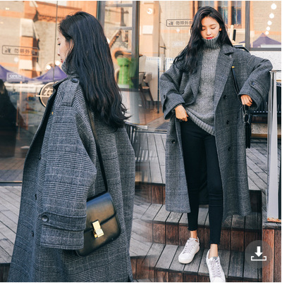 Plaid Woolen Outwear Women's Mid-Length Korean Style Loose 2025 Winter New Student Over-The-Knee Chic Woolen Outwear
