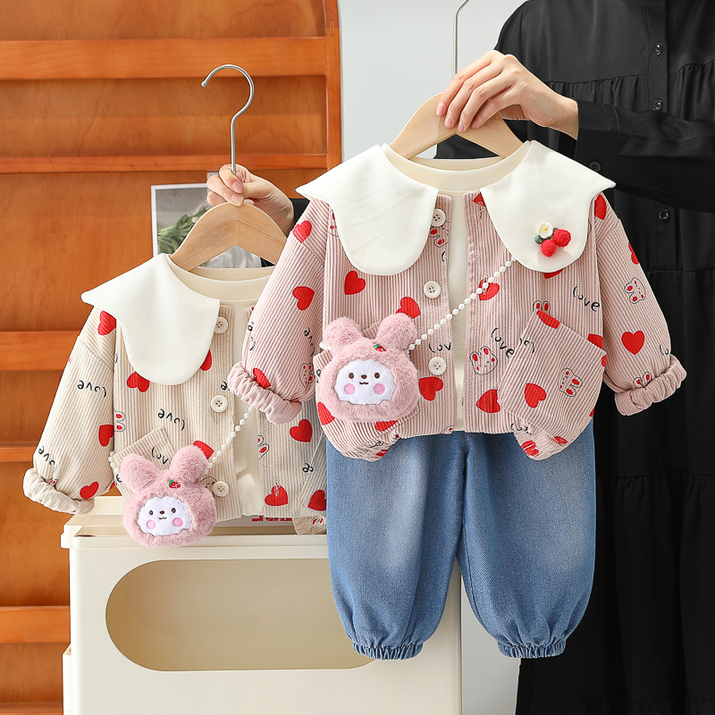 2025 spring girls foreign style suit new children's baby spring and autumn fashion full print love rabbit head three-piece set