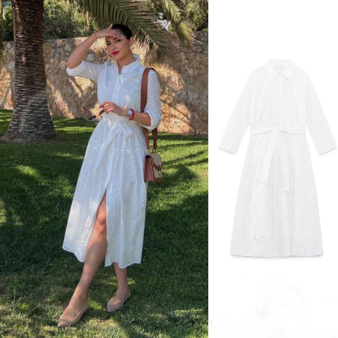 2023 European and American style summer women's new white long sleeve embroidery Midi dress 3289 elegant all-match