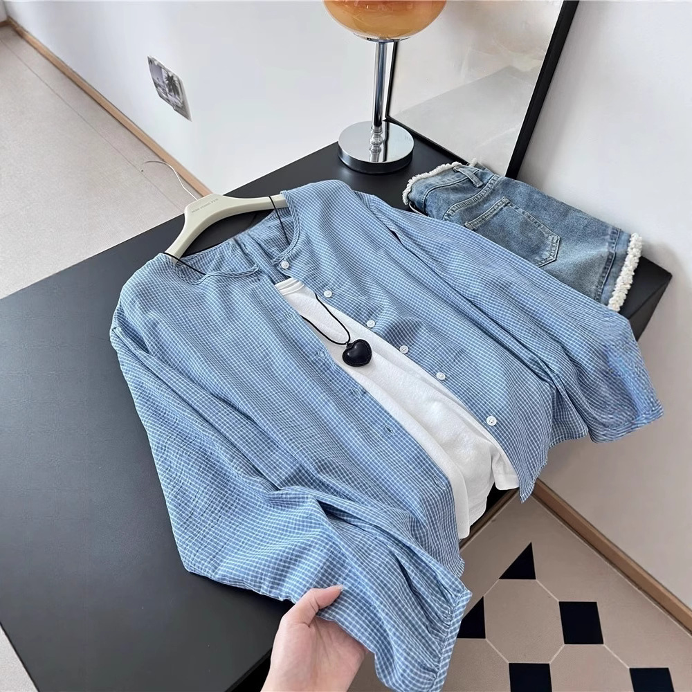 Korean Style Lazy Style Blue Plaid Long-Sleeved Sun Protection Shirt for Women Summer New Loose Shirt Casual Thin Top