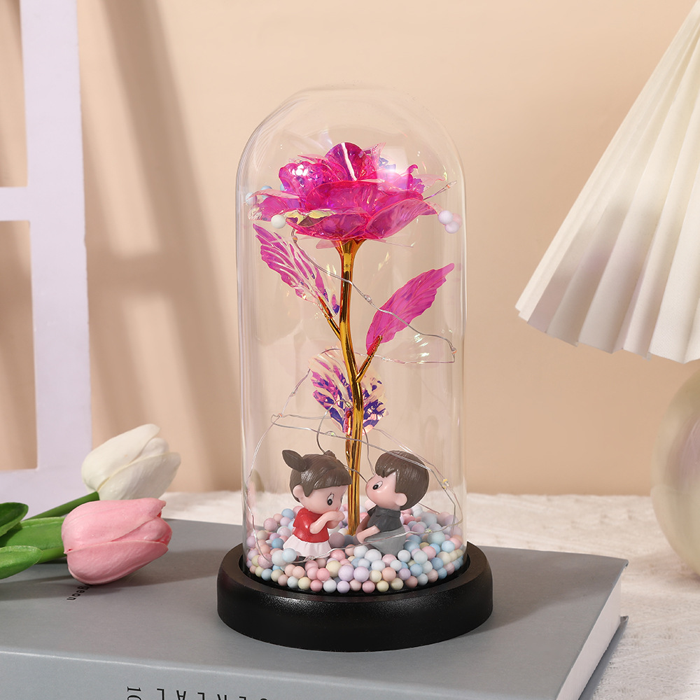 Picture of Valentine's Day Eternal Flower Glass Cover Finished Product Valentine's Day Doll Rose Gold Foil Flower Gift Ornament Birthday Gift