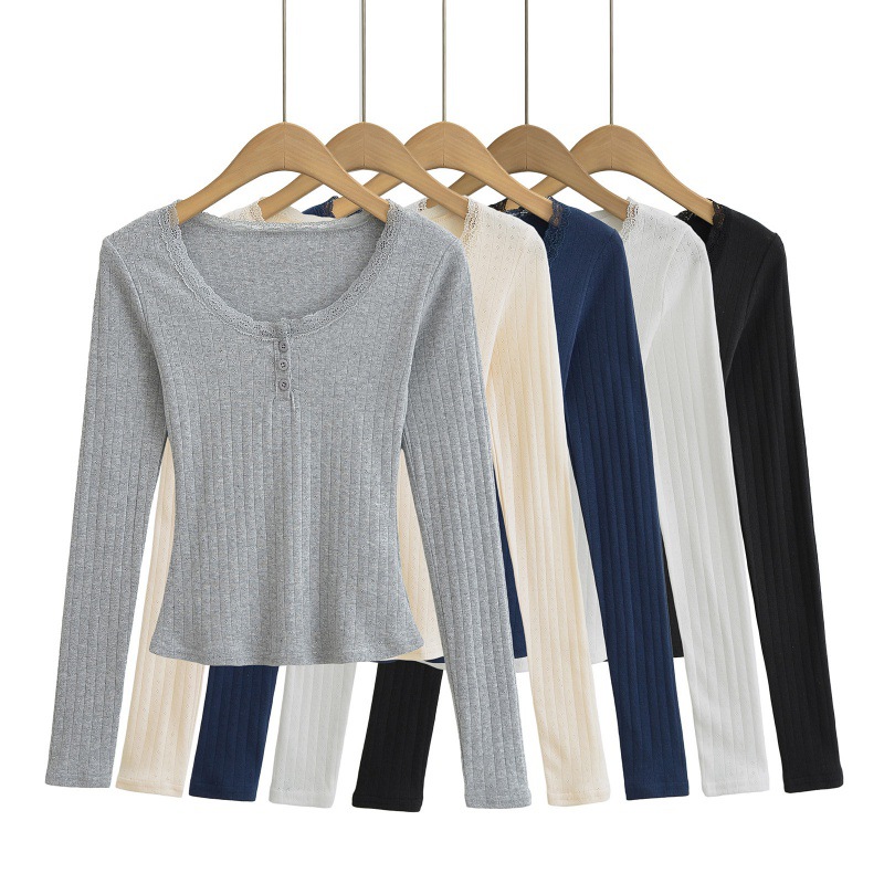 Autumn New Style Pure Wind Large Round Neck Stitching Lace Long Sleeve Top Women's Thread Slim-fit Slimming Breasted T-shirt