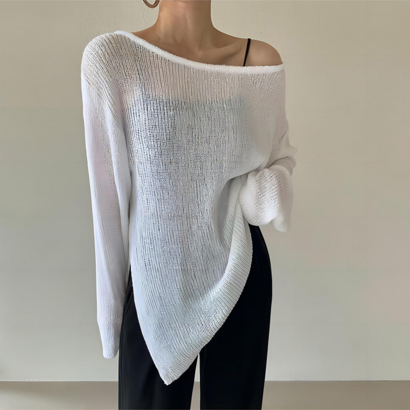In-Stock Korean Dongdaemun Gentle Style Off-Shoulder Long-Sleeve Knit Sweater for Women, Loose Niche Design Pullover Sun Protection Shirt