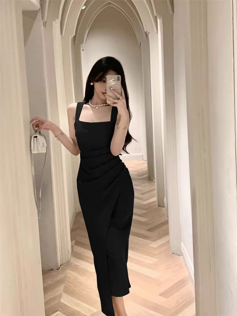 Picture of French Elegant Lady Royal Sister High-end Satin Long Skirt Slim Hip-hugging Square Neck Suspender Dress Summer New Style