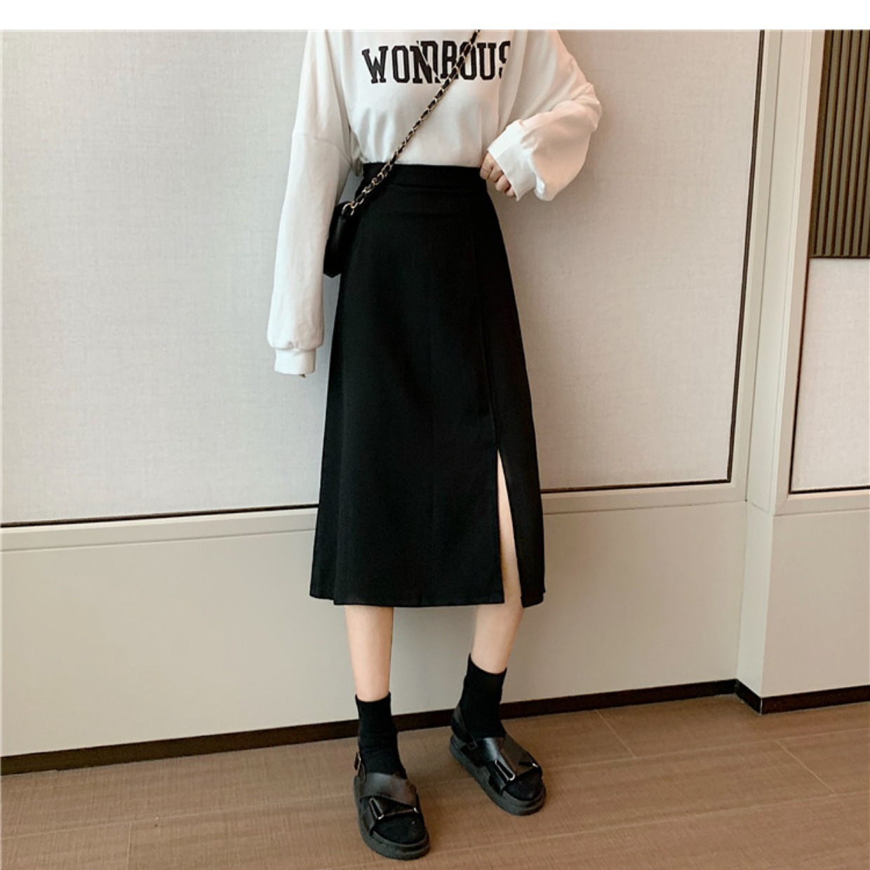 New Suit Fabric Mid-length Skirt Women's Summer Black Slimming High Waist A- shape Dipped Split Elegant Skirt